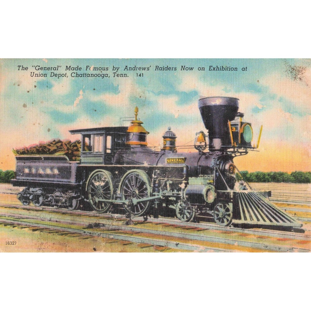 The General Locomotive Linen Postcard Andrews' Raiders Chattanooga TN Depot